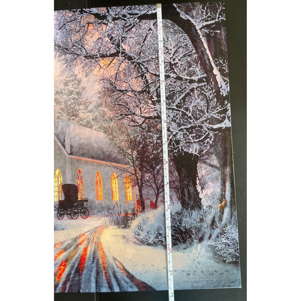 Lighted Winter Church Scene LED Canvas Wall Art Horse Carriage Holiday - Picture 6 of 15